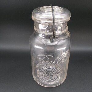 Vintage 1923-1933 Ball Ideal Clear Glass Mason Jar W Wire Clamp lid #6
